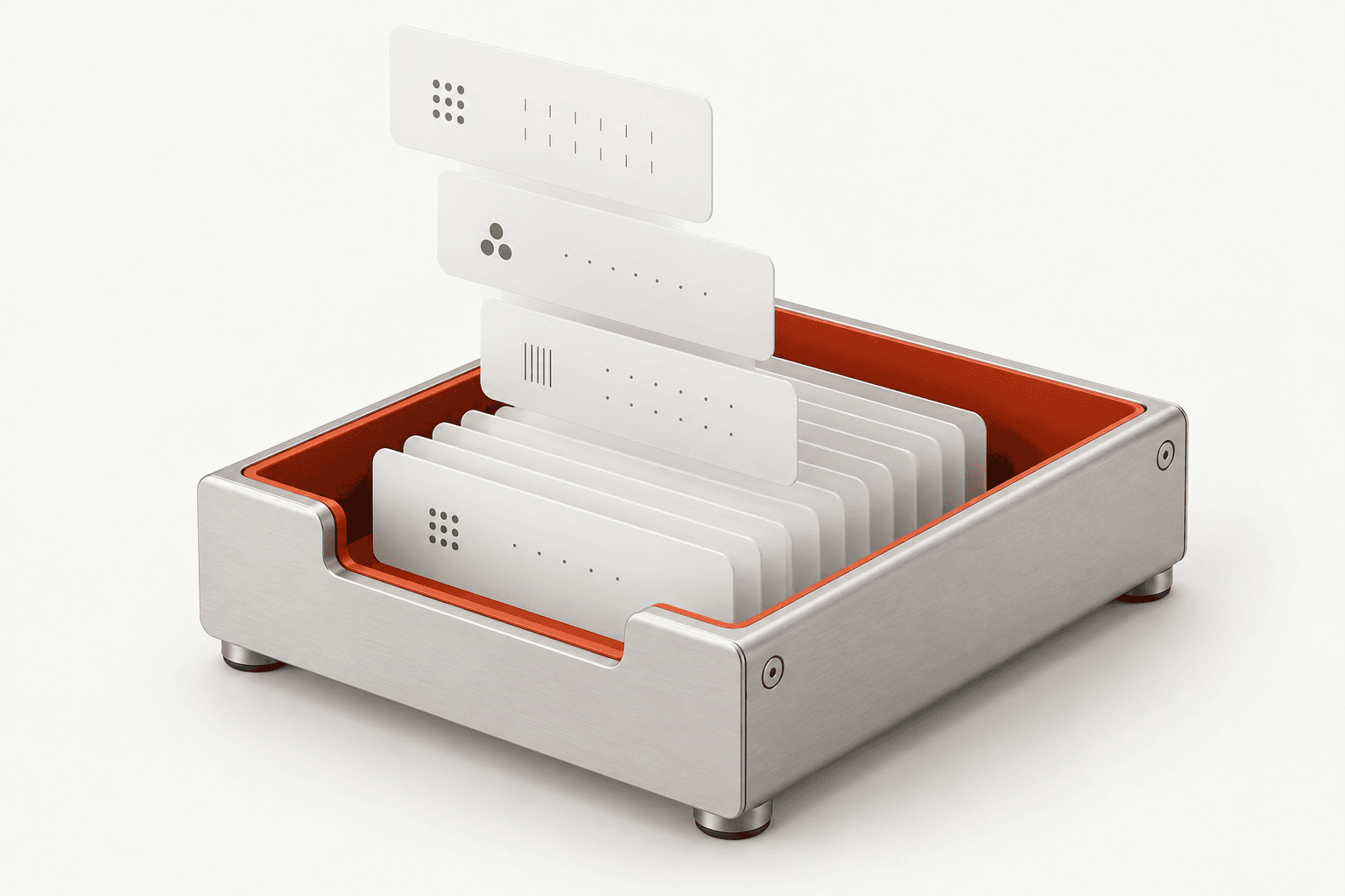 White index cards being filed into a vermilion and aluminum storage tray.