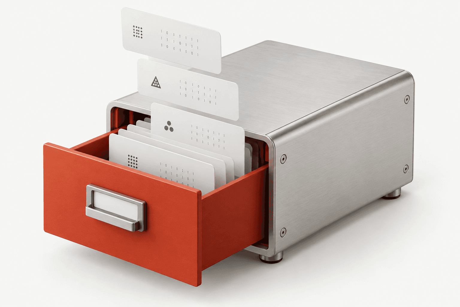 An open vermilion storage drawer holding index cards, a physical metaphor for a shared agent store.